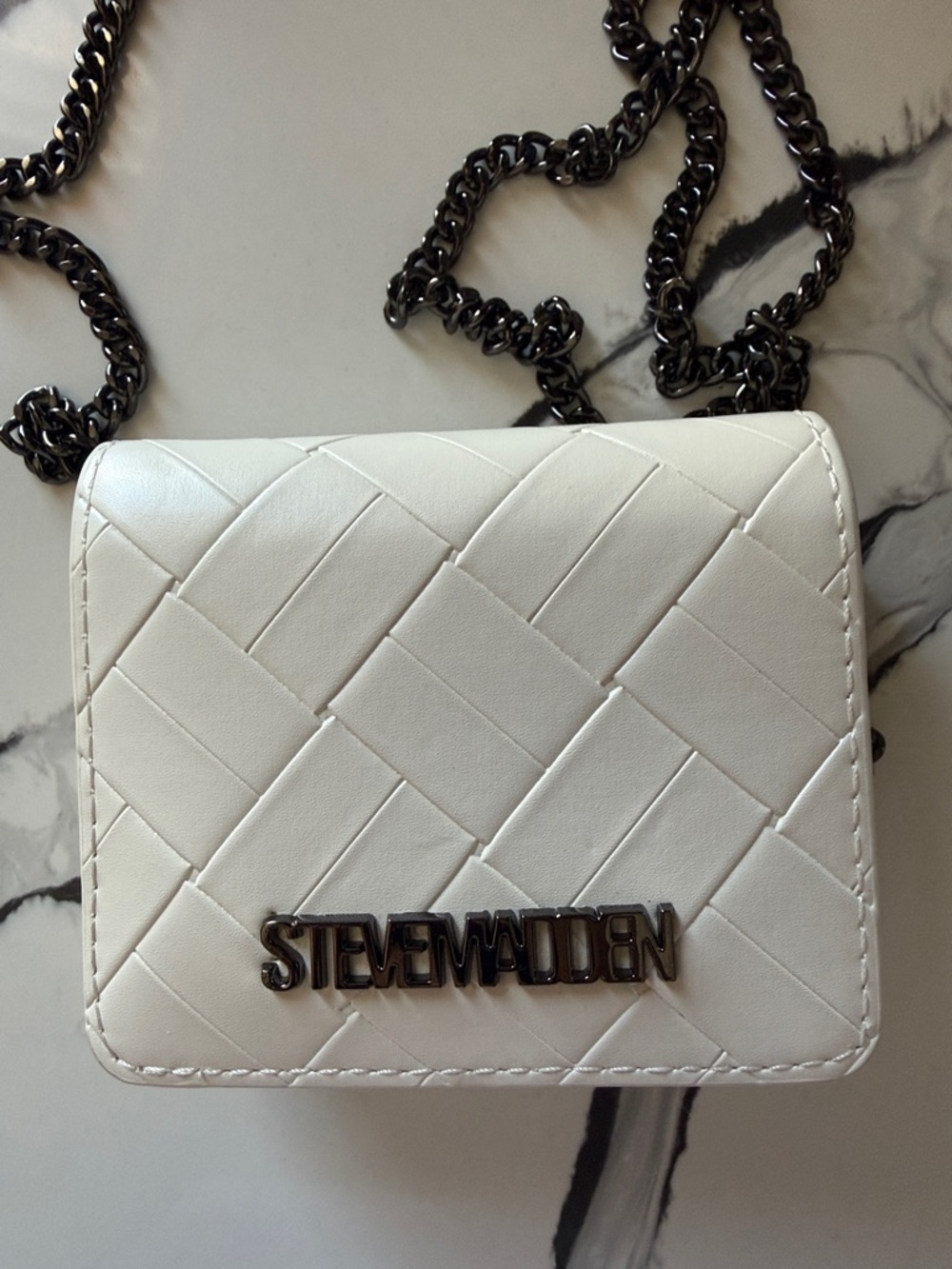 Steve Madden White Quilted Mini Crossbody with Dark Gunmetal Chain